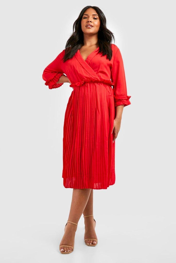 Womens Plus Ruffle Detail Pleated Midi Dress - Red - 16, Red