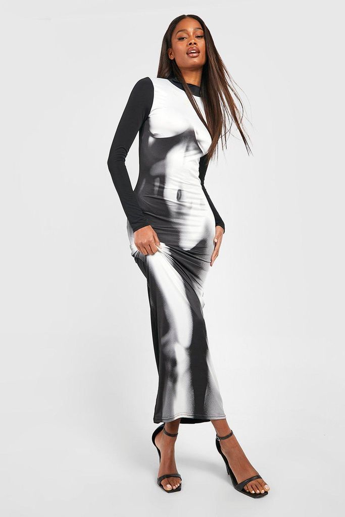 Womens Body Print Slinky Maxi Dress - Black - 8, Black