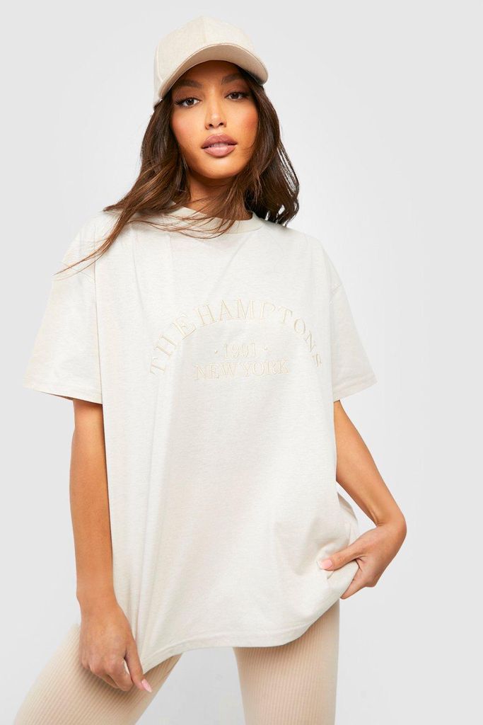 Womens Hamptons Embroidered Oversized T-Shirt - Beige - Xl, Beige