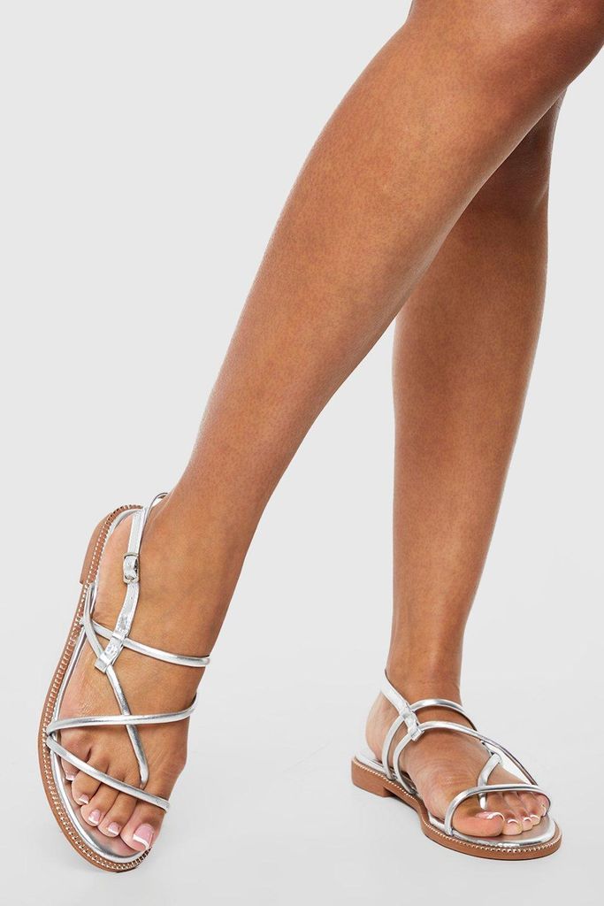 Womens Wide Fit Multi Strap Detail Flat Sandals - Grey - 3, Grey