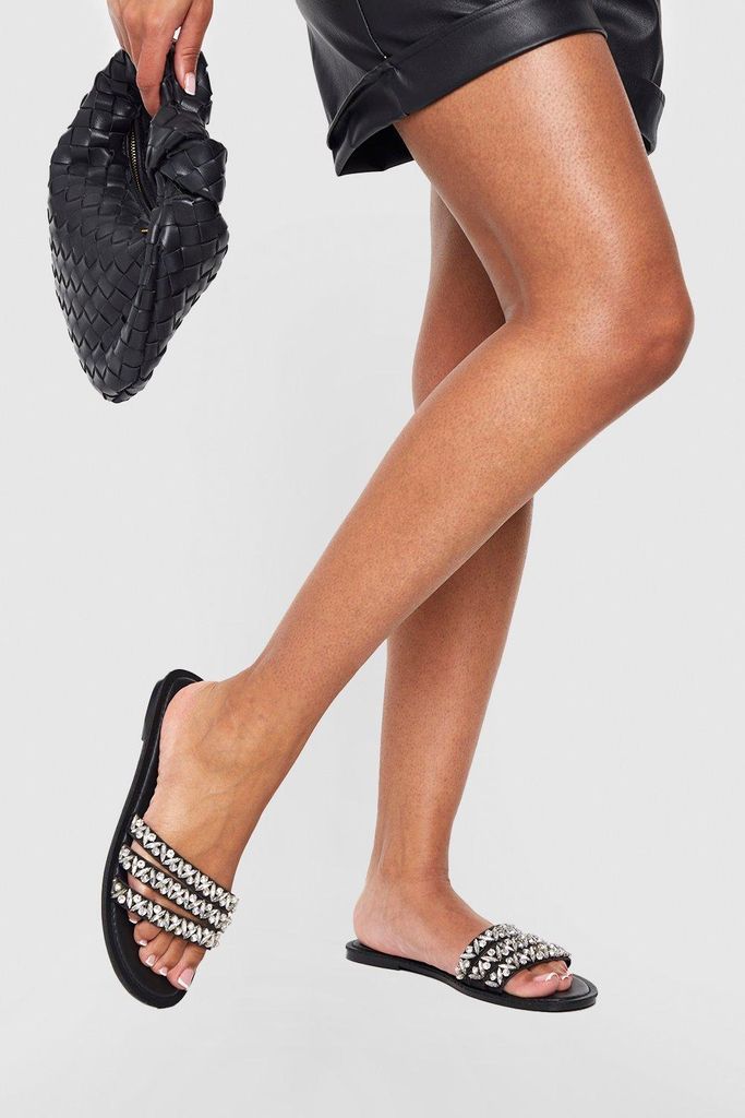 Womens Wide Fit Multi Strap Rhinestone Embellished Sandals - Black - 3, Black