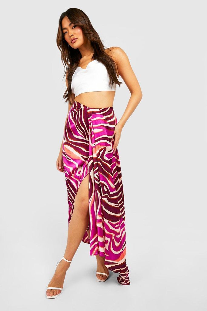 Womens Premium Zebra Satin Asymmetric Hem Maxi Skirt - Pink - 6, Pink