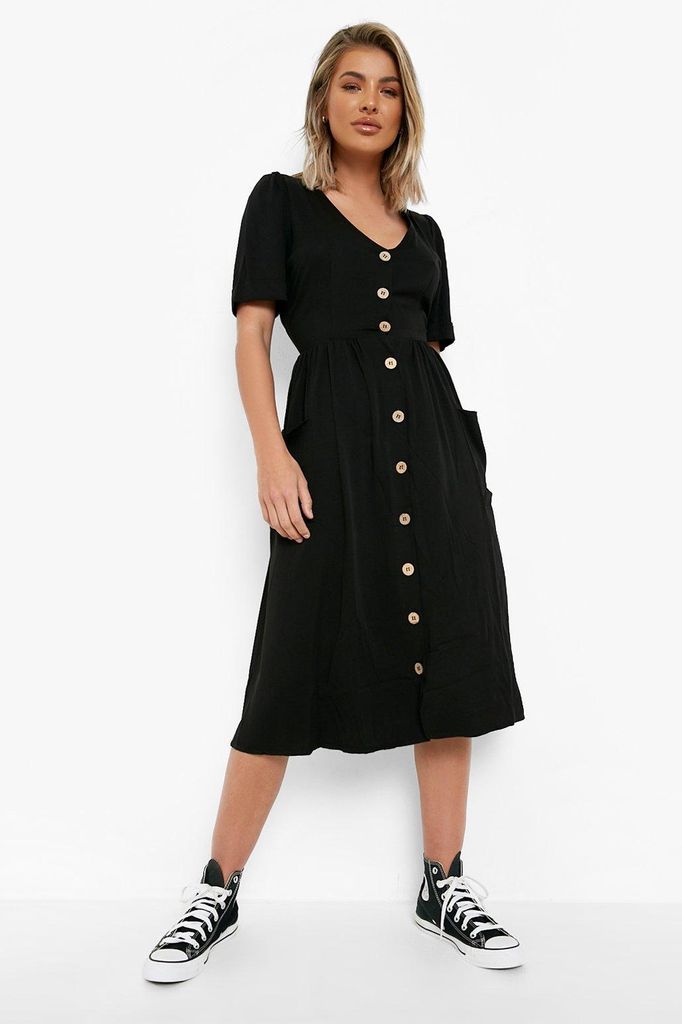 Womens Button Front Pocket Detail Midi Dress - Black - 8, Black