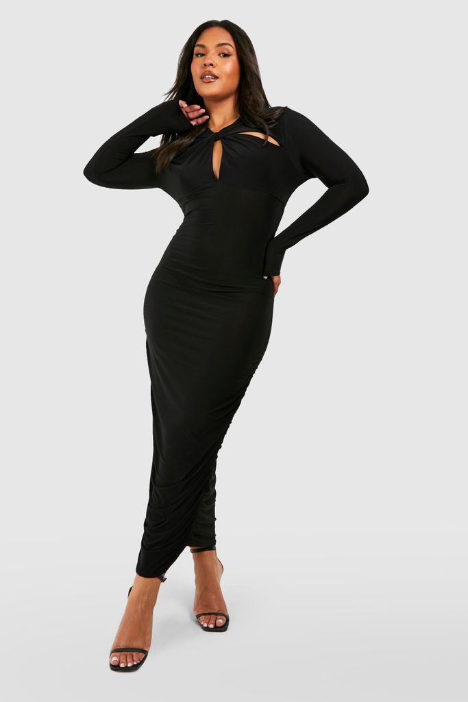 Womens Plus Double Slinky Twist Front Ruched Midi Dress - Black - 16, Black