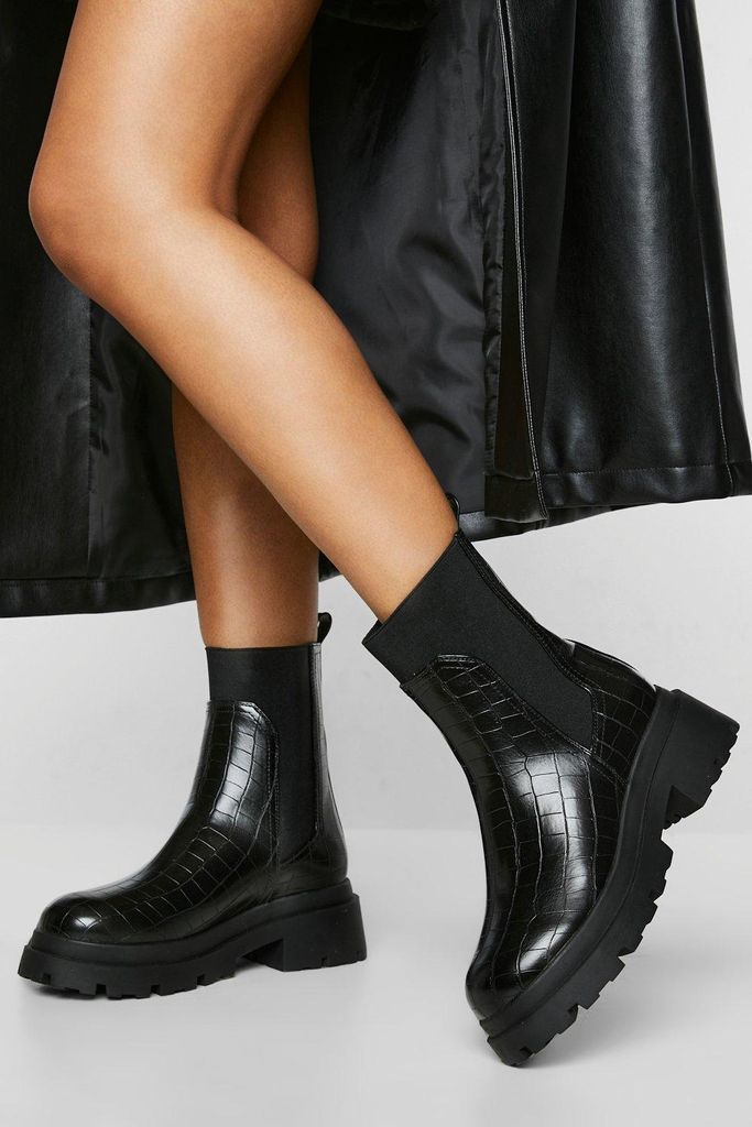 Womens Croc Heeled Chelsea Boots - Black - 3, Black