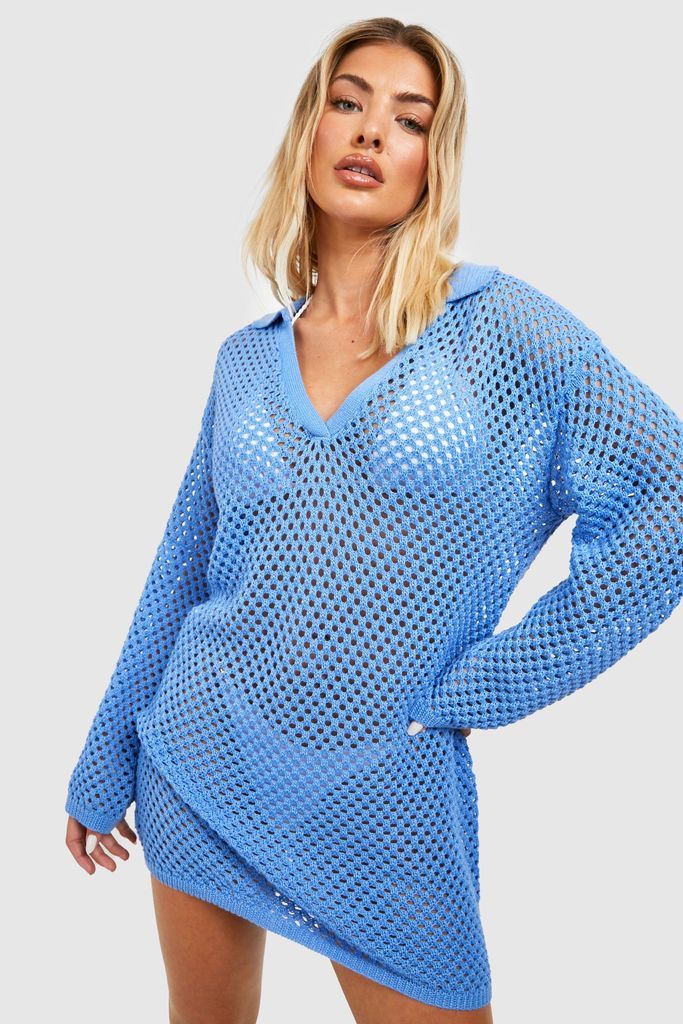 Womens Crochet Polo Cover Up Beach Dress - Blue - S, Blue