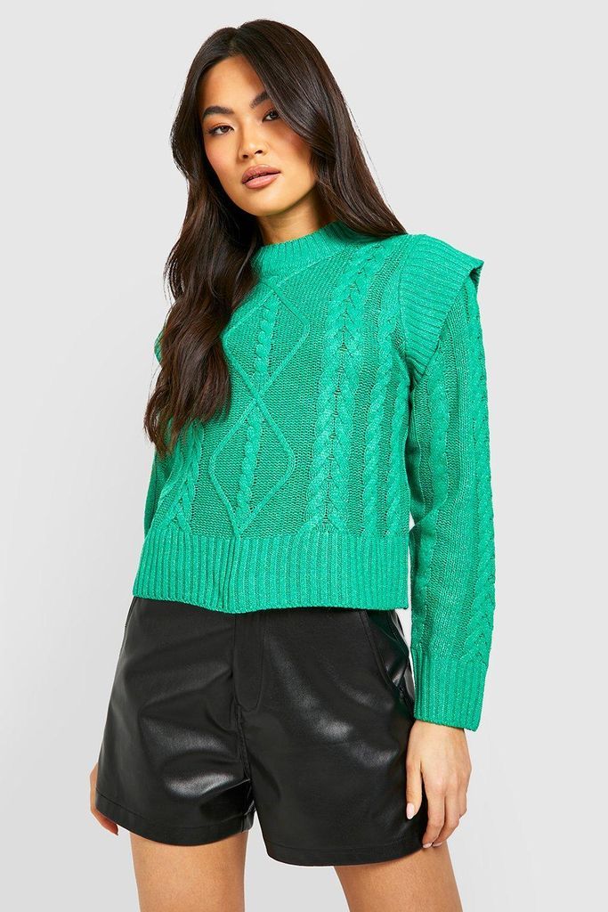 Womens Shoulder Detail Cable Knit Crop Jumper - Green - Xs, Green