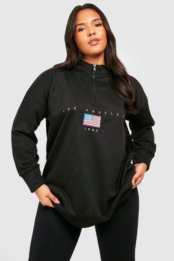 Womens Plus Los Angeles Slogan Embroidered Zip Neck Oversized Sweatshirt - Black - 28, Black