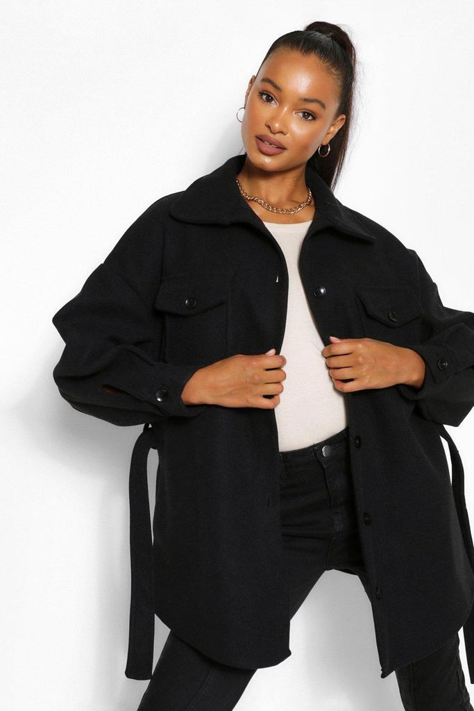 Womens Tall Wool Belted Shacket Coat - Black - 12, Black