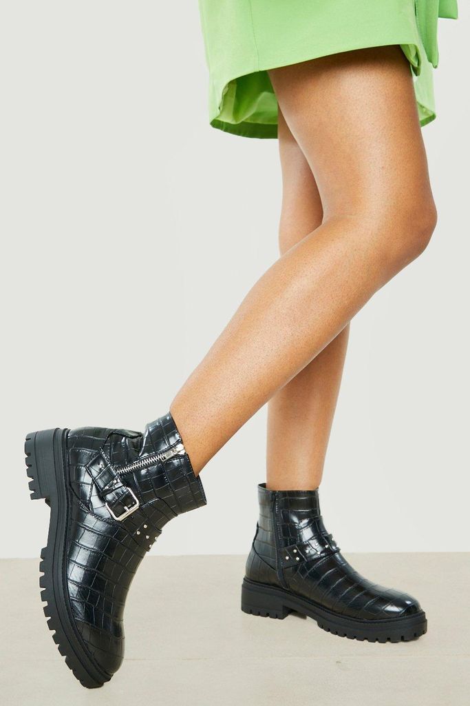 Womens Wide Fit Side Zip Croc Buckle Boots - Black - 3, Black