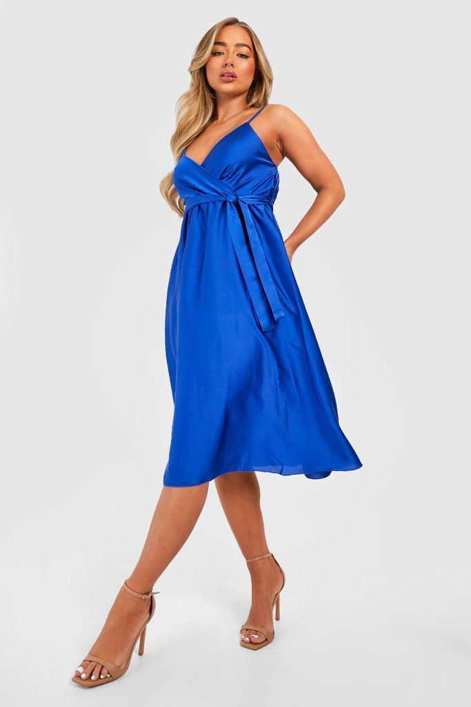 Womens Satin Wrap Self Belted Maxi Dress - Blue - 8, Blue