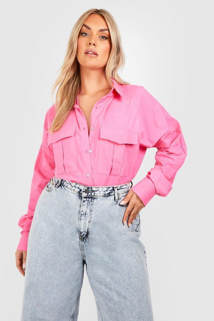 Womens Plus Oversized Cotton Poplin Utility Shirt - Pink - 16, Pink