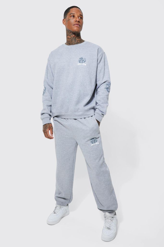 Men's Oversized Dragon Print Sweatshirt Tracksuit - Grey - M, Grey