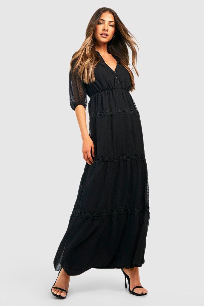 Womens Dobby Chiffon Lace Trim Maxi Dress - Black - 8, Black