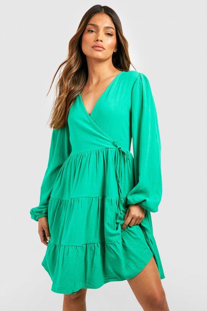 Womens Linen Tiered Wrap Smock Dress - Green - 8, Green