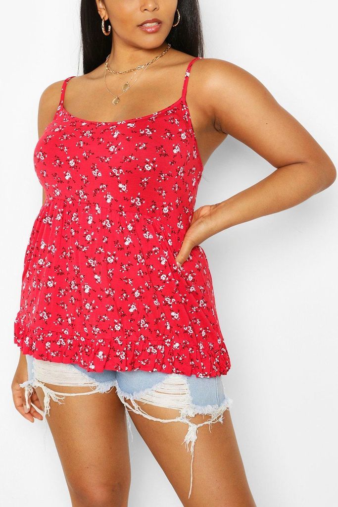 Womens Plus Ditsy Floral Tiered Smock Cami Top - 28, Red