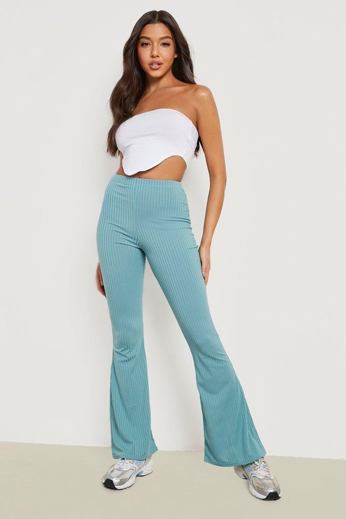 Womens Basics High Waisted Ribbed Flared Trousers - Green - 12, Green