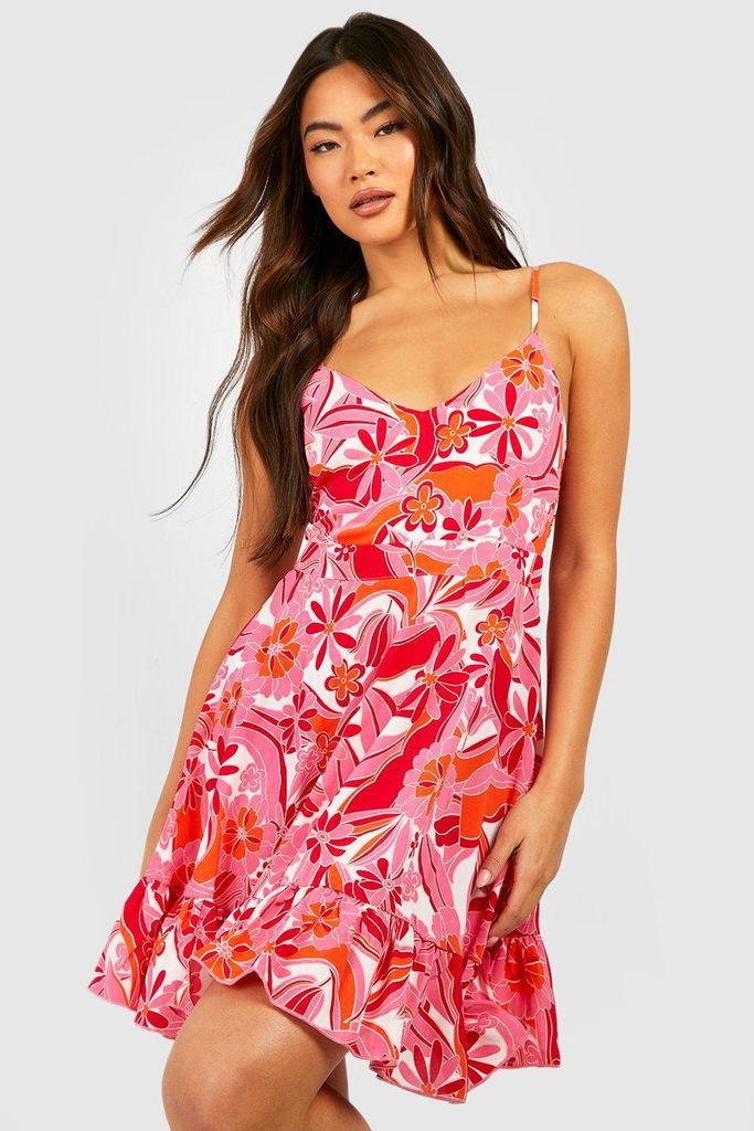 Womens Floral Print Tie Back Ruffle Swing Dress - Pink - 8, Pink