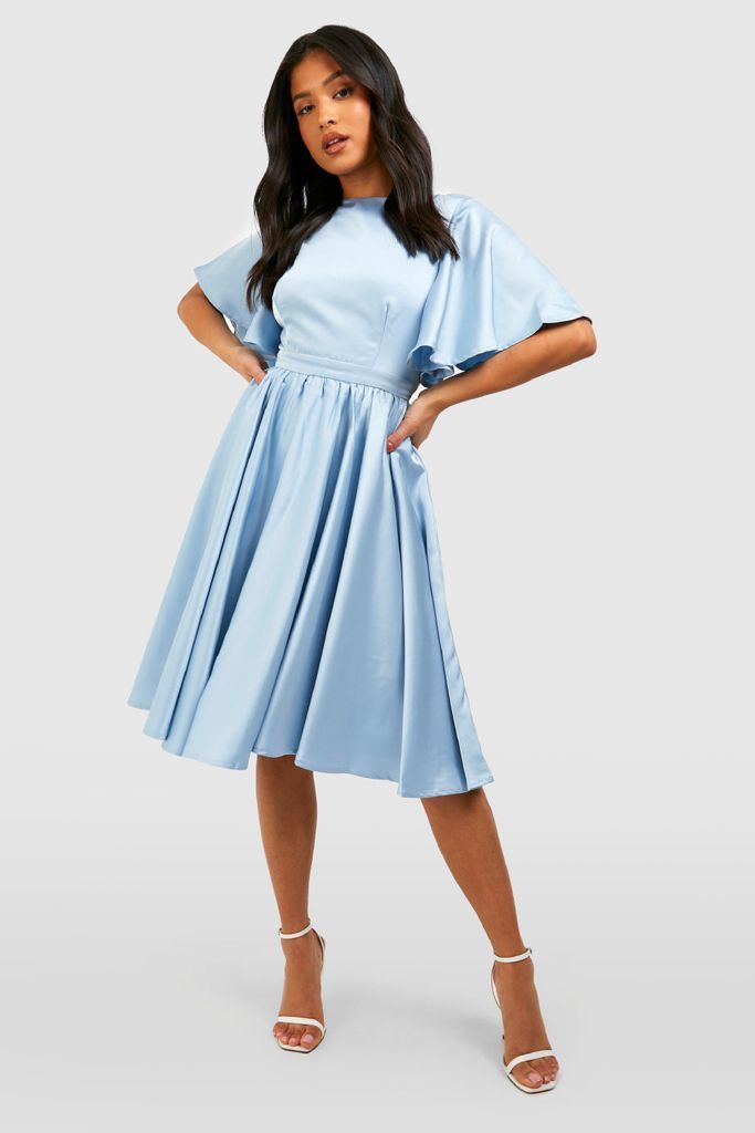 Womens Petite Premium Satin Angel Sleeve Midi Dress - Blue - 14, Blue