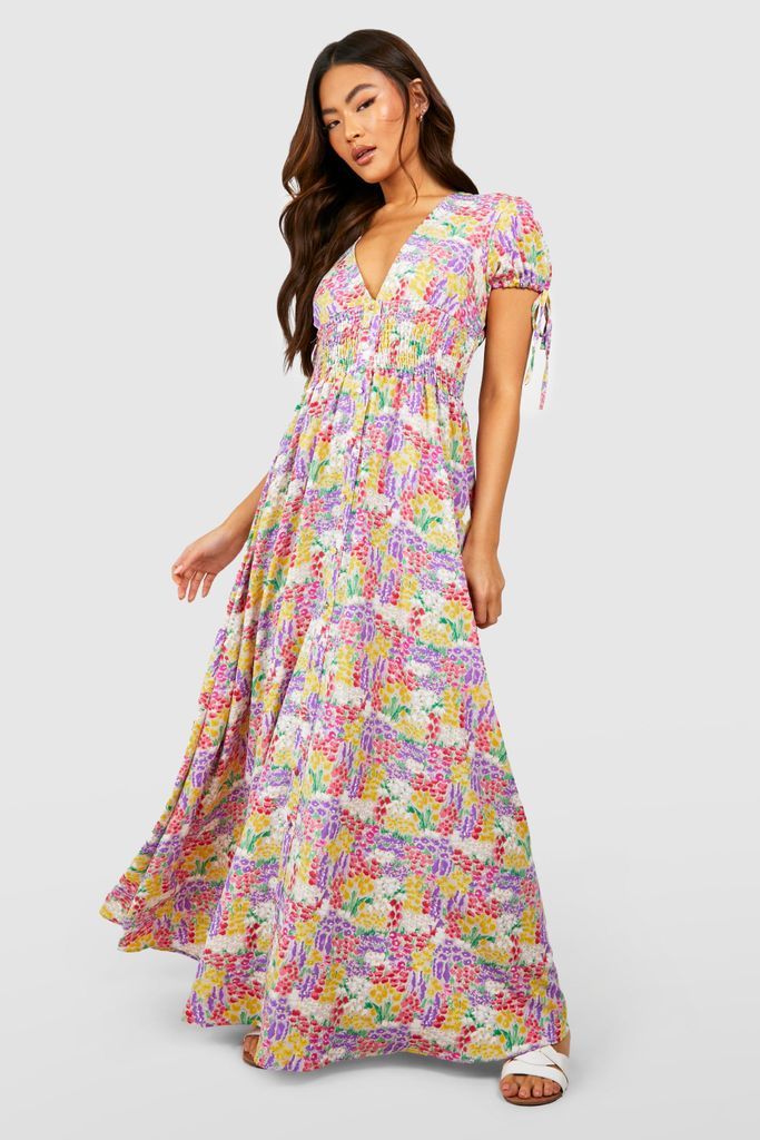 Womens Floral Print Shirred Waist Maxi Dress - Multi - 8, Multi