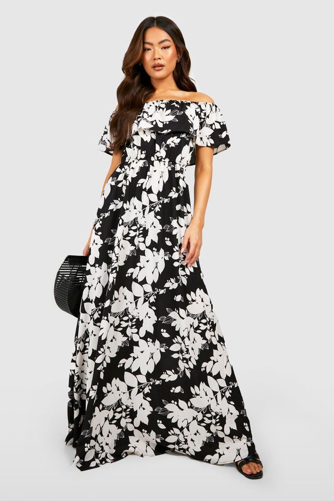Womens Off The Shoulder Floral Maxi Dress - Black - 8, Black
