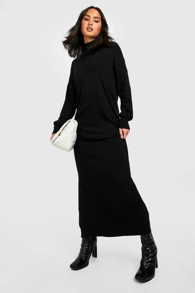 Womens Fine Knit Roll Neck Knitted Midaxi Dress - Black - 8, Black