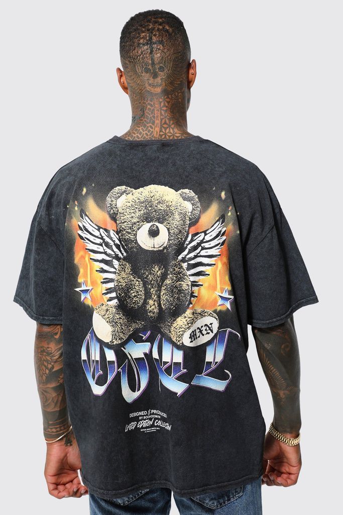 Men's Oversized Teddy Acid Wash Graphic T-Shirt - Black - M, Black