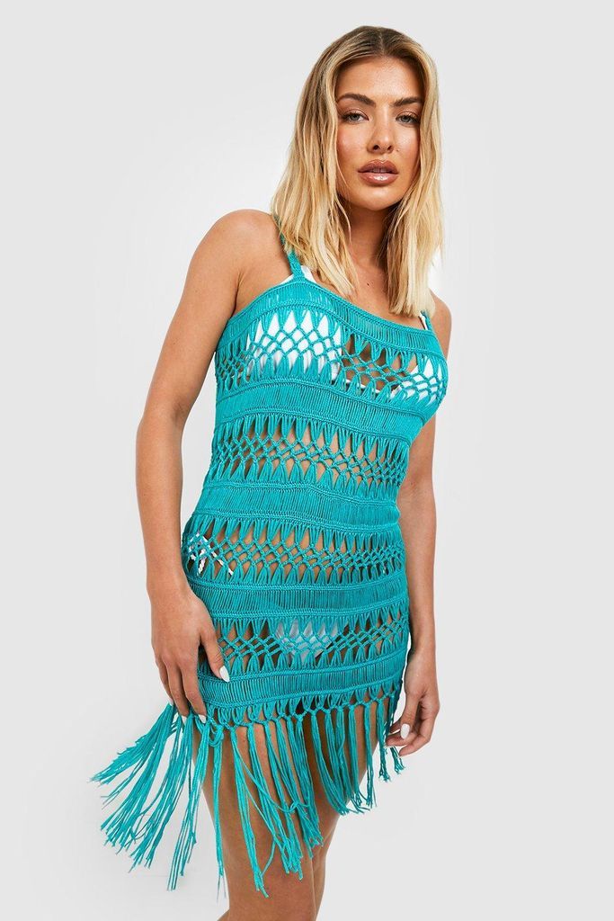 Womens Crochet Fringed Strappy Beach Dress - Green - S, Green