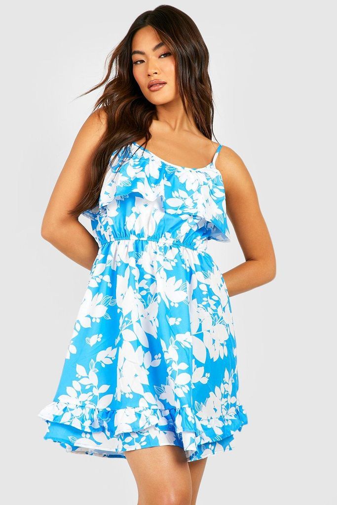 Womens Floral Strappy Frill Detail Swing Dress - Blue - 8, Blue