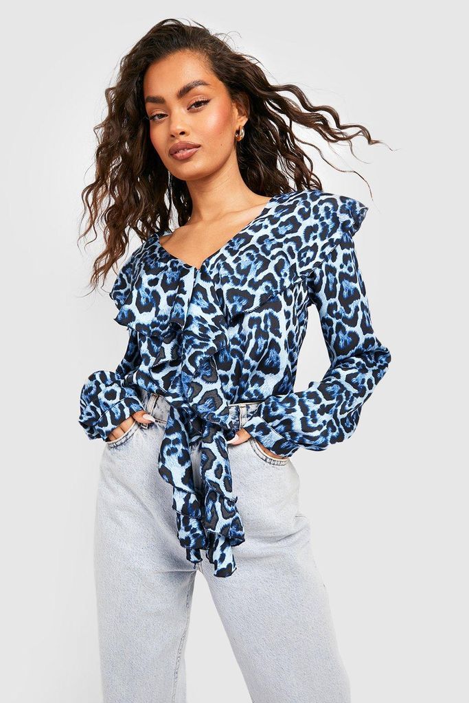Womens Leopard Ruffle Blouse - Blue - 6, Blue