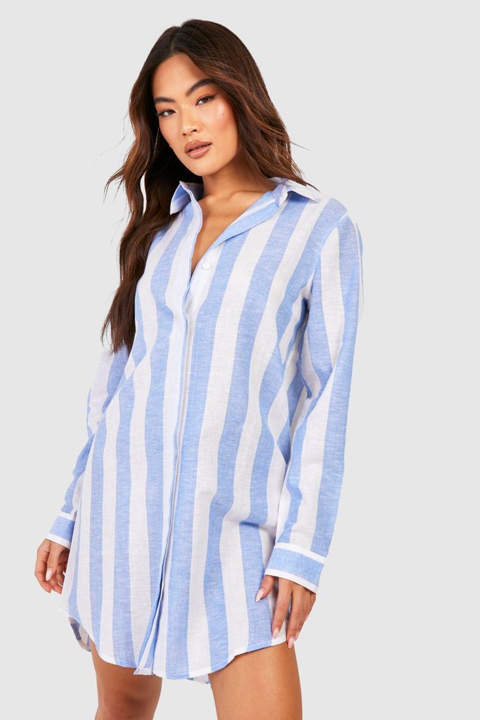 Womens Stripe Cotton Oversized Shirt Dress - Blue - 8, Blue