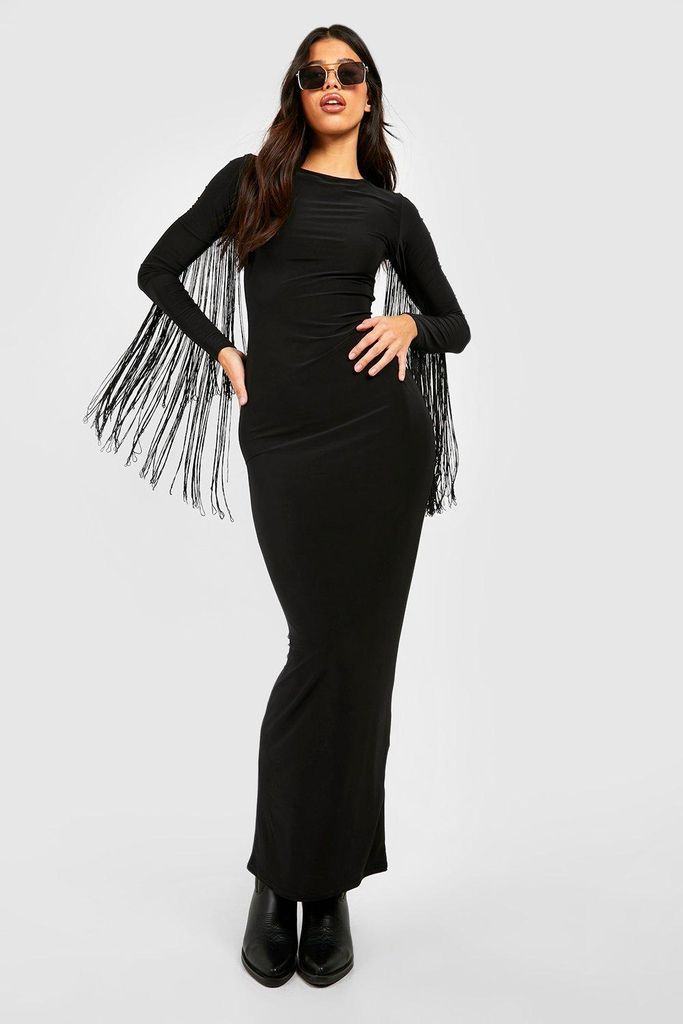 Womens Tall Fringed Midaxi Dress - Black - 6, Black
