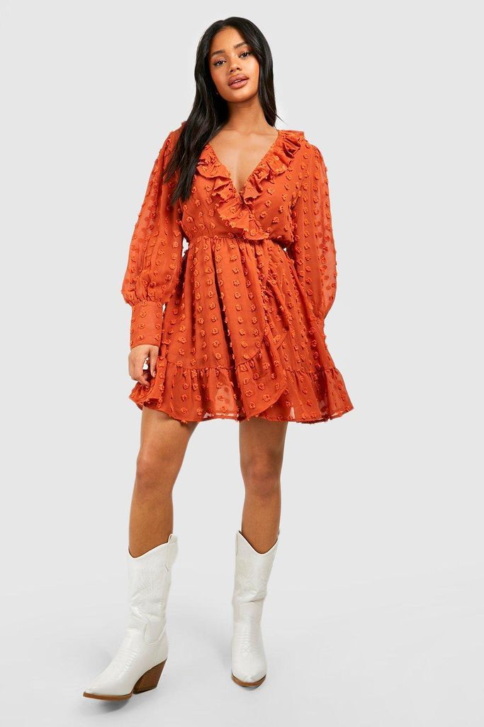 Womens Textured Dobby Ruffle Wrap Dress - Orange - 8, Orange