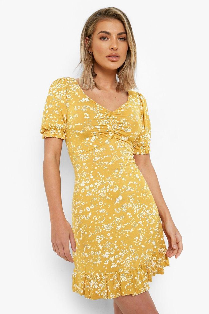 Womens Floral Print Lace Up Back Skater Dress - Yellow - 12, Yellow