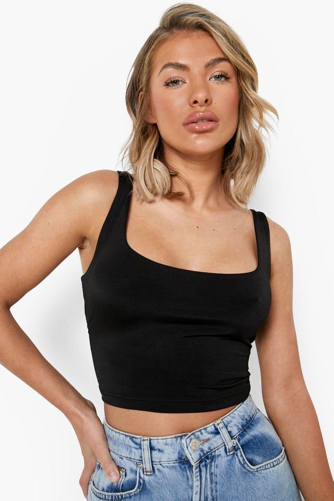 Womens Double Layer Scoop Neck Strappy Crop Top - Black - 6, Black