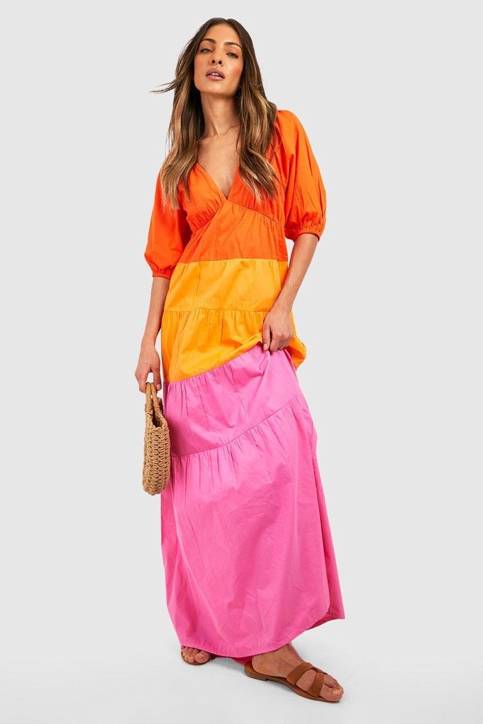 Womens Cotton Poplin Colour Block Maxi Dress - Orange - 8, Orange