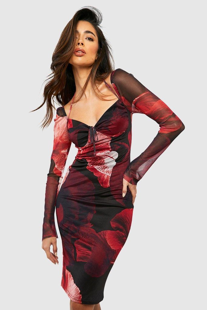 Womens Abstract Floral Print Mesh Midi Dress - Red - 18, Red