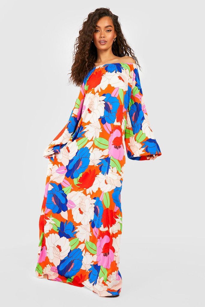Womens Abstract Floral Maxi Smock Dress - Blue - 8, Blue
