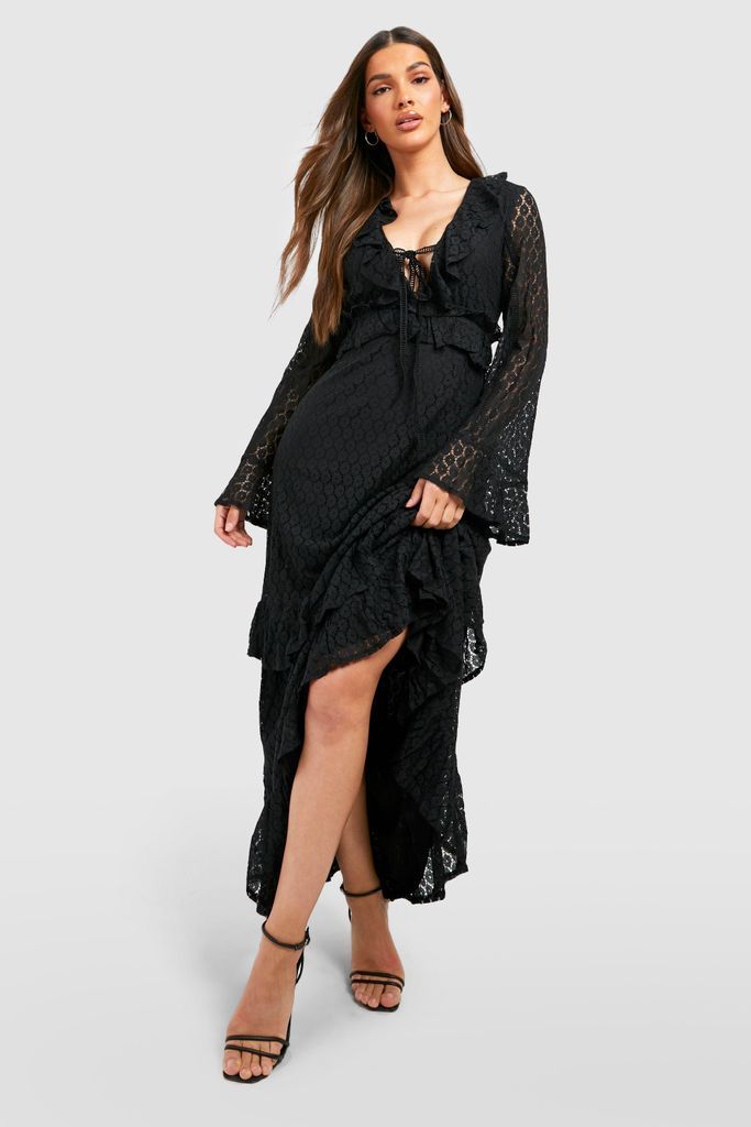 Womens Lace Shirred Ruffle Maxi Dress - Black - 8, Black