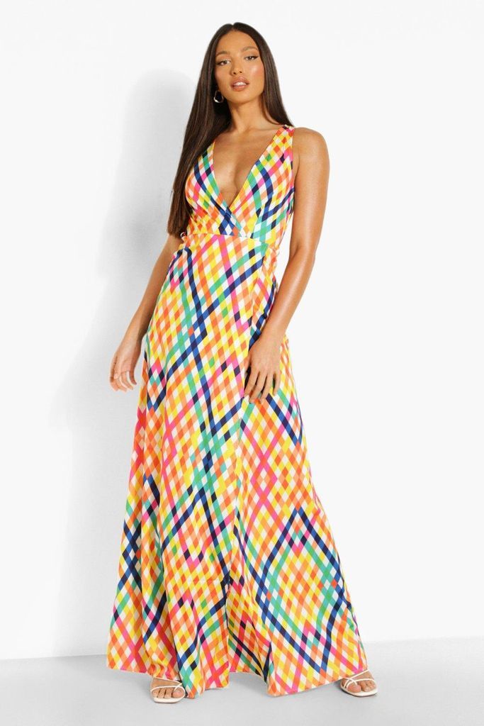Womens Tall Rainbow Gingham Wrap Tie Maxi Dress - Multi - 6, Multi