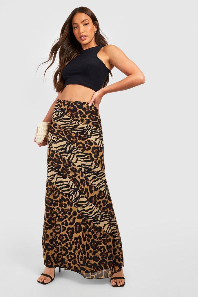 Womens Tall Spliced Animal Chiffon Maxi Slip Skirt - Brown - 6, Brown