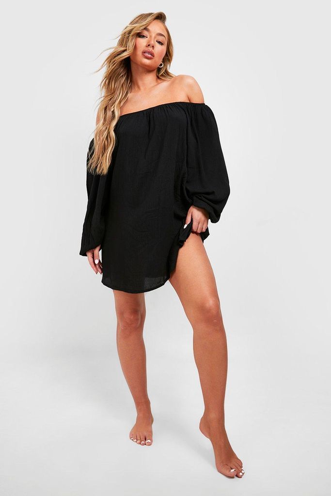 Womens Cheesecloth Bardot Beach Mini Dress - Black - S, Black