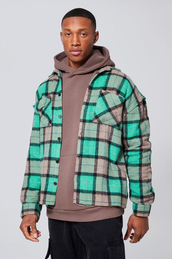 Men's Check Boxy Overshirt With Distressing - Green - M, Green