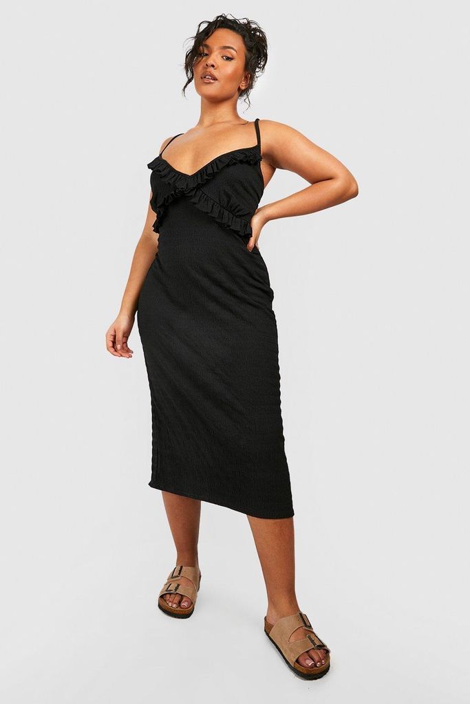 Womens Plus Textured Crinkle Ruffle Midi Dress - Black - 28, Black