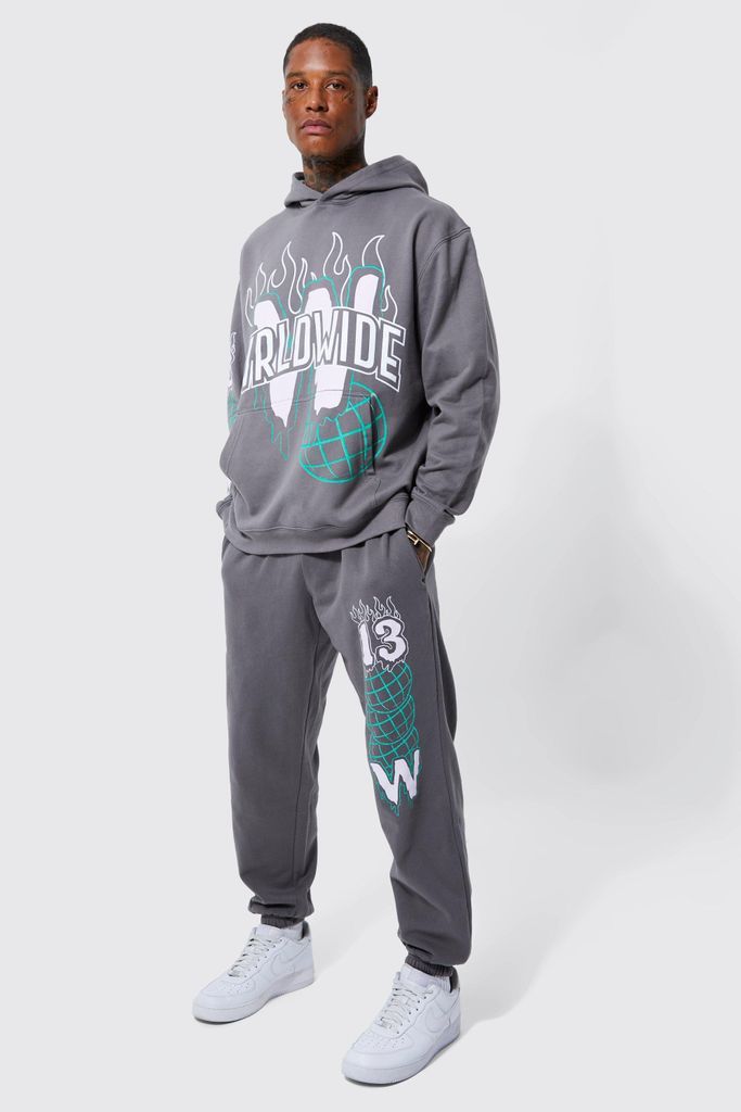 Men's Oversized Graphic Hoodie And Jogger Tracksuit - Grey - M, Grey