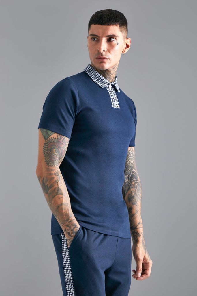 Men's Slim Fit Jacquard Collar Zip Neck Polo - Navy - L, Navy