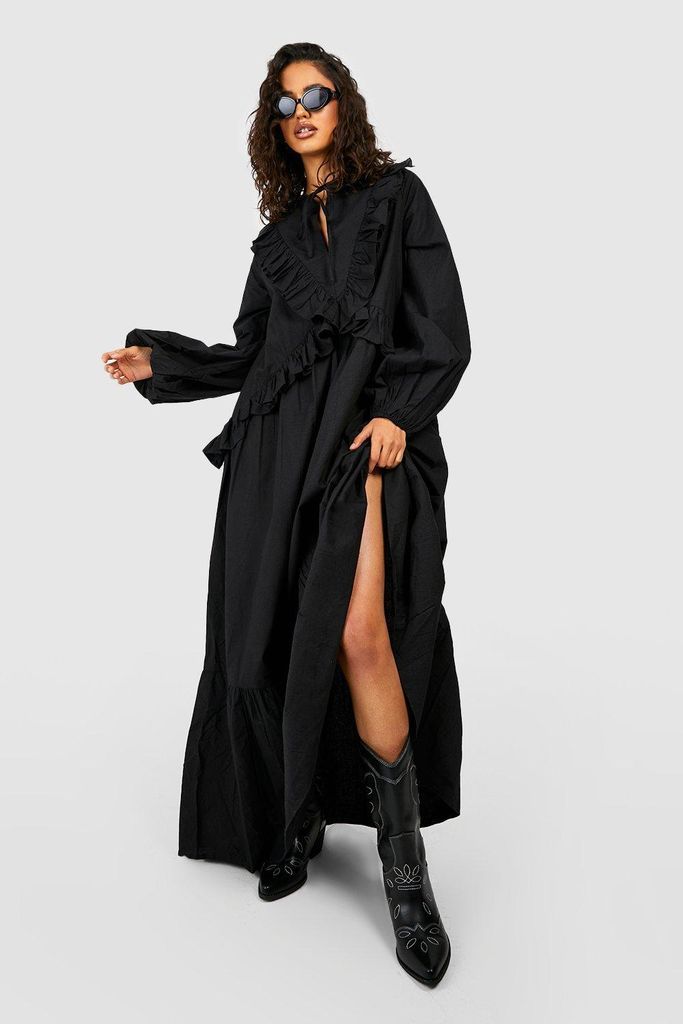 Womens Cotton Ruffle Maxi Dress - Black - 8, Black