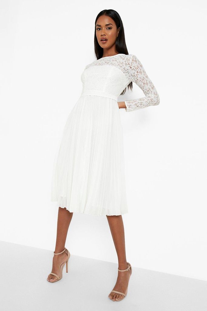Womens Lace Pleated Midi Dress - White - 8, White