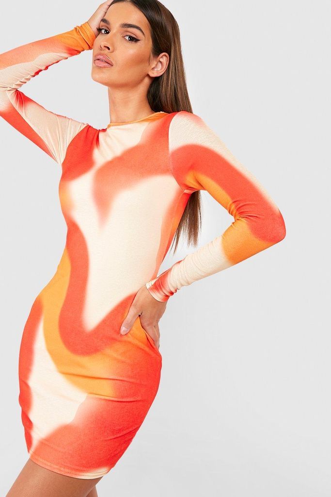 Womens Abstract Long Sleeve Printed Mini Dress - Orange - 8, Orange