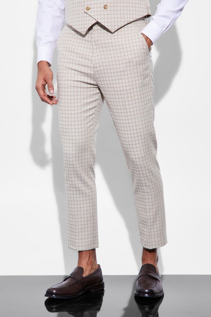 Men's Tapered Check Suit Trousers - Beige - 28R, Beige
